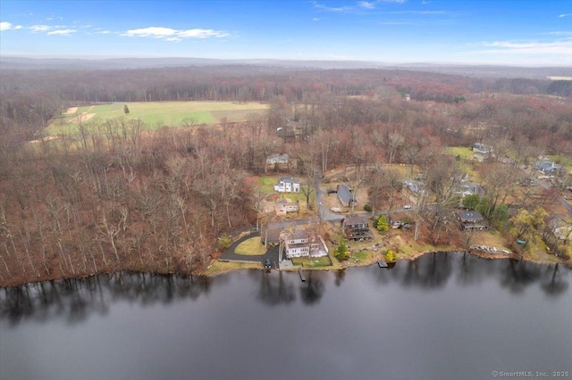 drone / aerial view with a water view and a wooded view