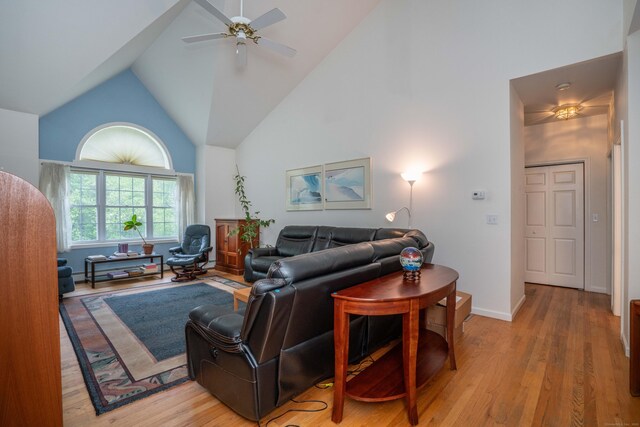 175 Thistle Pond Dr Unit 175, Bloomfield, CT 06002 - living room featuring high vaulted ceiling, ceiling fan, and light wood-style flooring