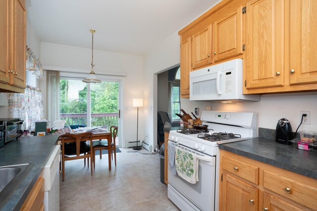 175 Thistle Pond Dr Unit 175, Bloomfield, CT 06002 - kitchen with white appliances, dark countertops, light flooring, decorative light fixtures, and a sink