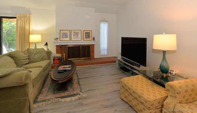 living room featuring lofted ceiling and wood finished floors