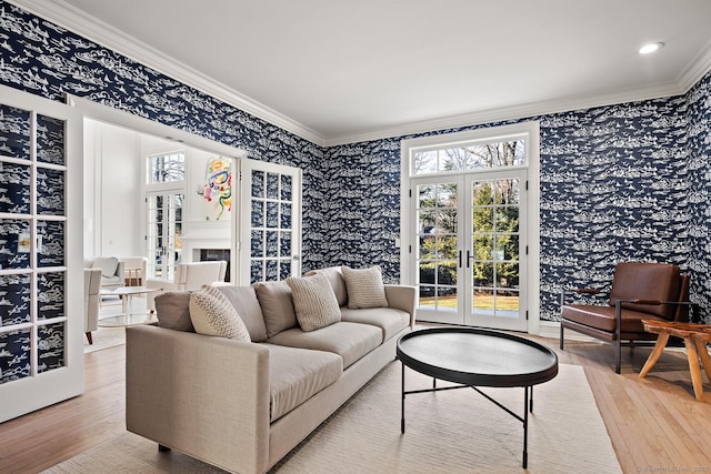 3 Mayflower Ln, Weston, CT 06883 - living room with crown molding, french doors, wood finished floors, and wallpapered walls