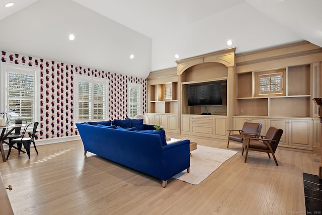 3 Mayflower Ln, Weston, CT 06883 - living room with recessed lighting, baseboards, high vaulted ceiling, and light wood-style floors