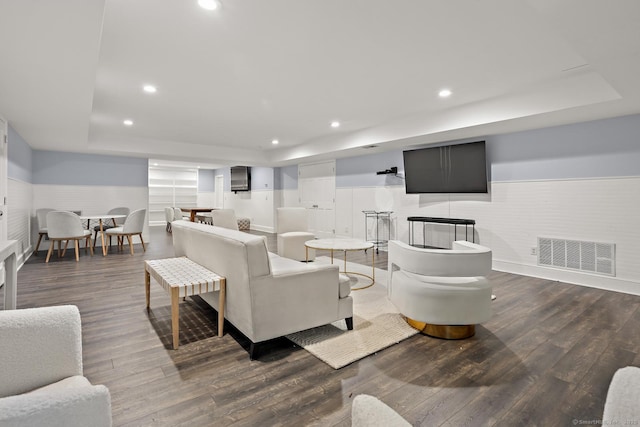 3 Mayflower Ln, Weston, CT 06883 - living area featuring visible vents, a wainscoted wall, and wood finished floors
