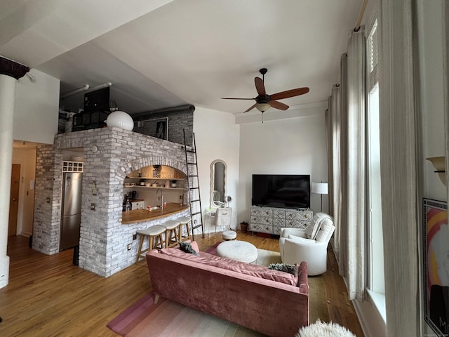 134 Washington St Apt 201, Norwalk, CT 06854 - living room featuring ceiling fan, wood finished floors, and lofted ceiling