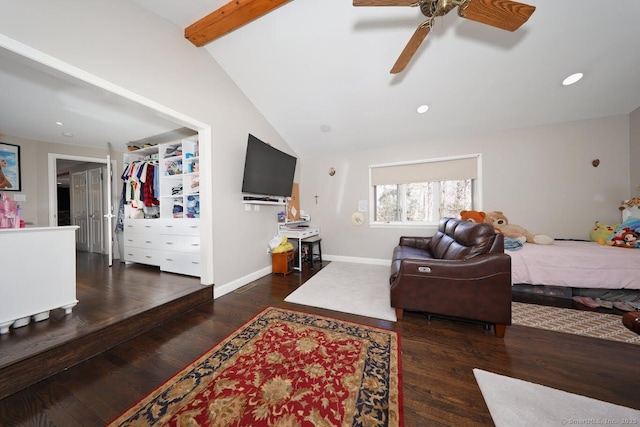 living room with wood finished floors, lofted ceiling with beams, ceiling fan, baseboards, and recessed lighting