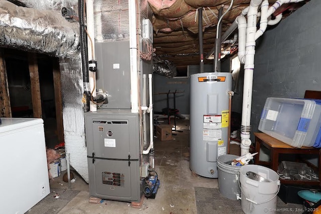 utility room featuring heating unit and electric water heater
