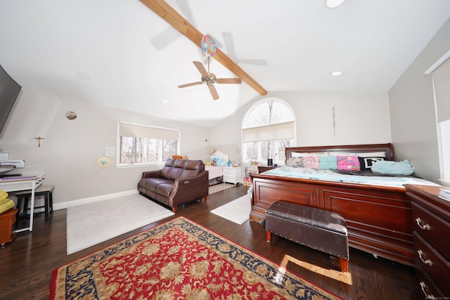 bedroom with baseboards, vaulted ceiling with beams, dark wood-style floors, and a ceiling fan