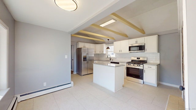 kitchen featuring white cabinets, stainless steel appliances, a baseboard heating unit, beamed ceiling, and tasteful backsplash