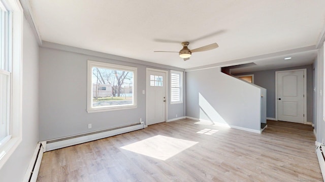 foyer with a baseboard heating unit, light wood finished floors, baseboards, and ceiling fan