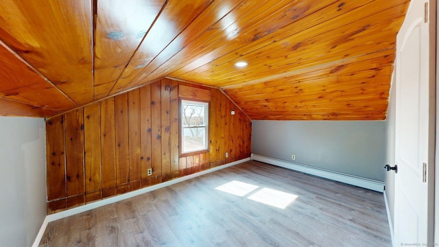 bonus room featuring a baseboard heating unit, baseboards, wooden ceiling, and wood finished floors