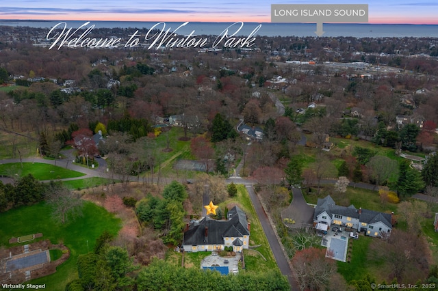 drone / aerial view featuring a water view