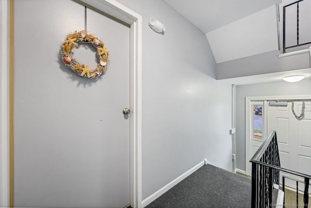 76 Carriage Path S Unit 76, Milford, CT 06460 - corridor with an upstairs landing, carpet, baseboards, and vaulted ceiling