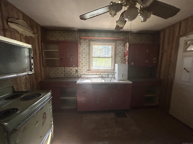 kitchen featuring open shelves, a sink, ceiling fan, wooden walls, and electric stove