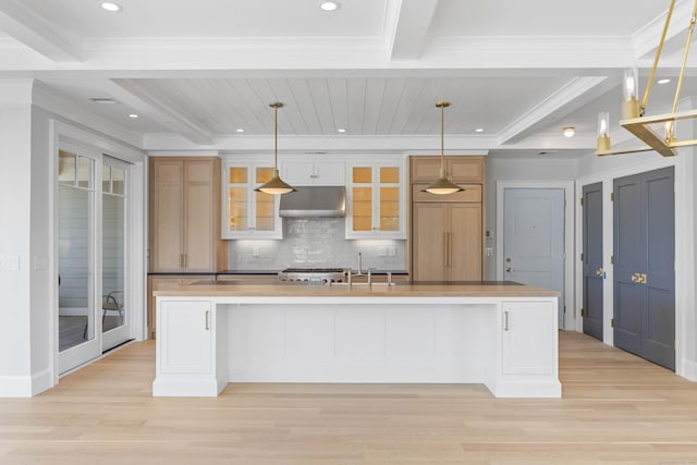 22 W Main St Unit 3, Groton, CT 06355 - kitchen featuring under cabinet range hood, tasteful backsplash, light wood-style flooring, and paneled fridge