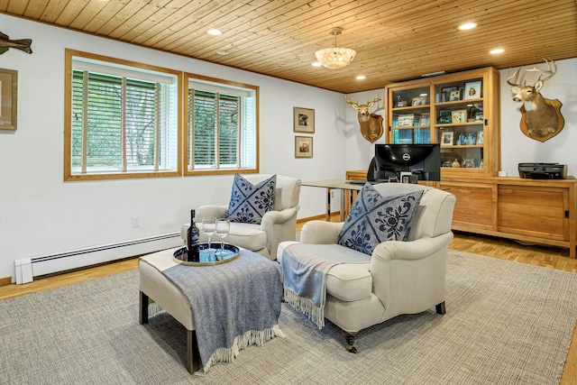 sitting room featuring wooden ceiling, wood finished floors, a baseboard heating unit, and recessed lighting