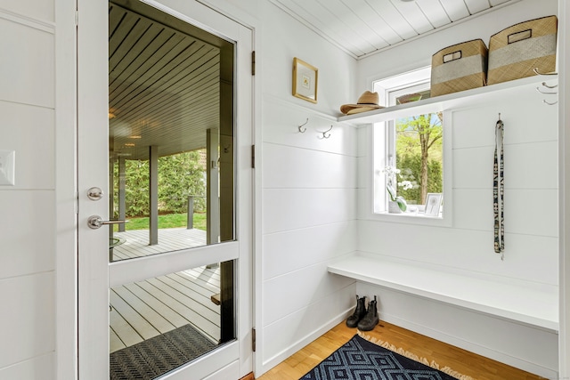 mudroom with a wealth of natural light and light wood-style floors