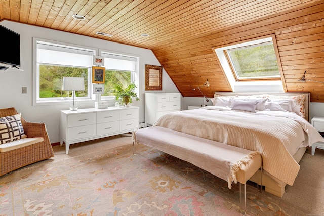 bedroom featuring light colored carpet, wooden ceiling, visible vents, and lofted ceiling