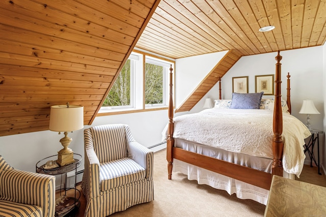 carpeted bedroom with a baseboard radiator and wood ceiling