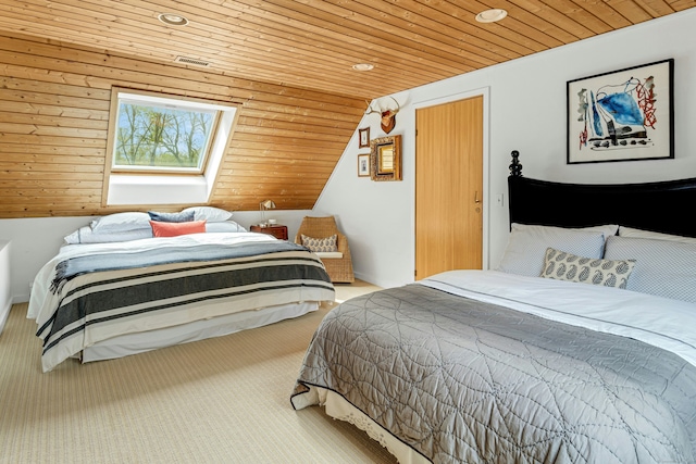 carpeted bedroom featuring vaulted ceiling, wood ceiling, and recessed lighting