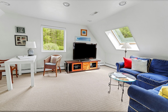 carpeted living room with visible vents, lofted ceiling with skylight, a baseboard heating unit, and recessed lighting