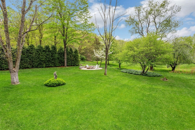 view of yard with a fire pit