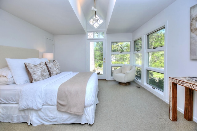 bedroom with multiple windows, carpet floors, and lofted ceiling