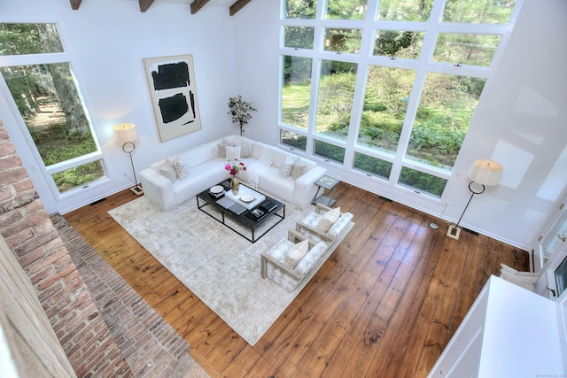 living area featuring beamed ceiling and wood-type flooring
