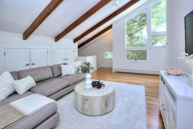 living area featuring baseboard heating and light wood finished floors