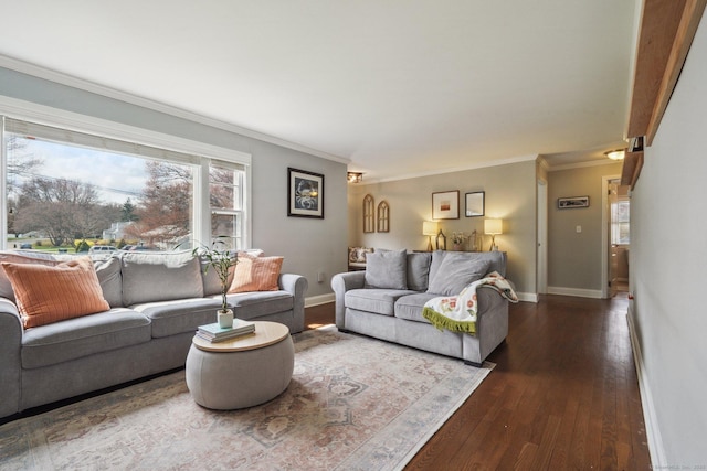 living area with baseboards, dark wood-type flooring, and ornamental molding