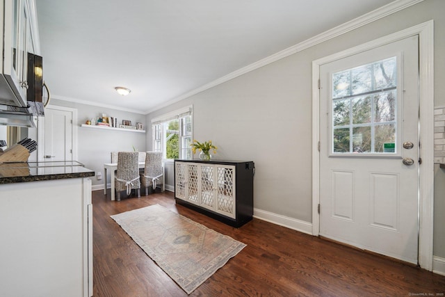 interior space featuring dark wood finished floors, baseboards, and ornamental molding