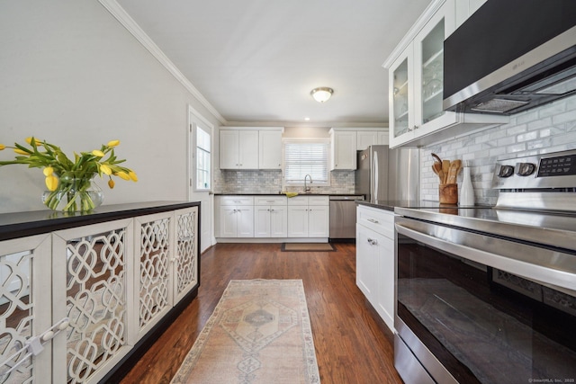 kitchen featuring dark countertops, decorative backsplash, stainless steel appliances, ornamental molding, and dark wood-type flooring