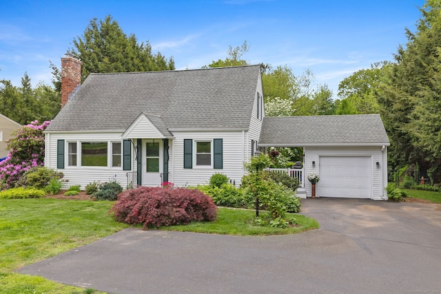 81 Beelzebub Rd, South Windsor, CT 06074 - new england style home featuring a chimney, a garage, asphalt driveway, a front yard, and a shingled roof
