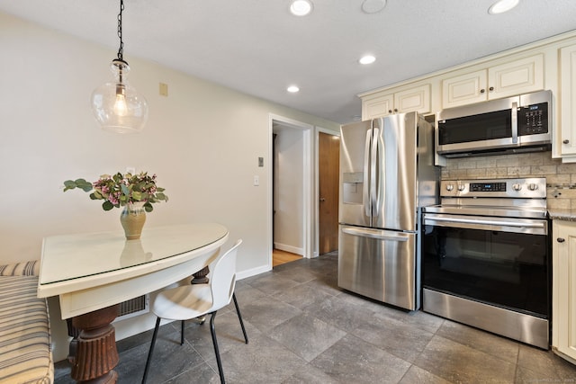 81 Beelzebub Rd, South Windsor, CT 06074 - kitchen with cream cabinets, appliances with stainless steel finishes, tasteful backsplash, recessed lighting, and decorative light fixtures