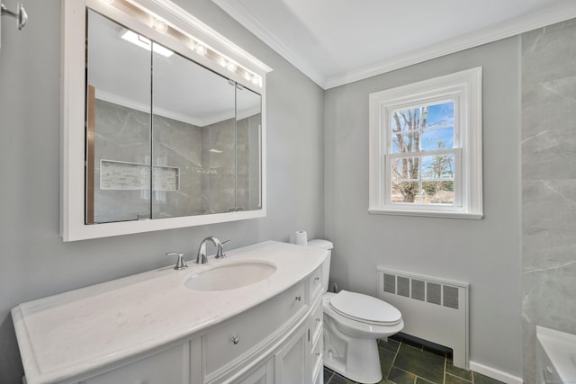 17 Lydall Rd, East Hartford, CT 06111 - bathroom featuring radiator, vanity, a shower, toilet, and ornamental molding