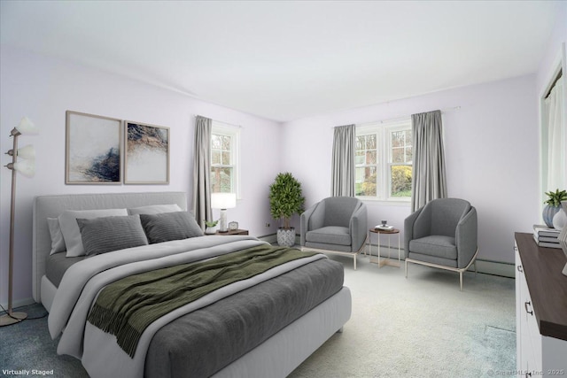 bedroom with light colored carpet and a baseboard radiator