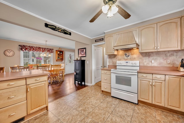 kitchen featuring a ceiling fan, custom range hood, electric range, and light brown cabinets
