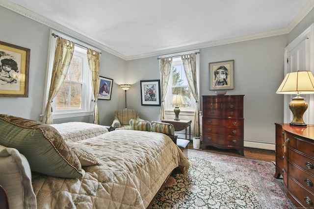 77 Main St, East Haddam, CT 06423 - bedroom featuring a baseboard heating unit, baseboard heating, ornamental molding, and wood finished floors