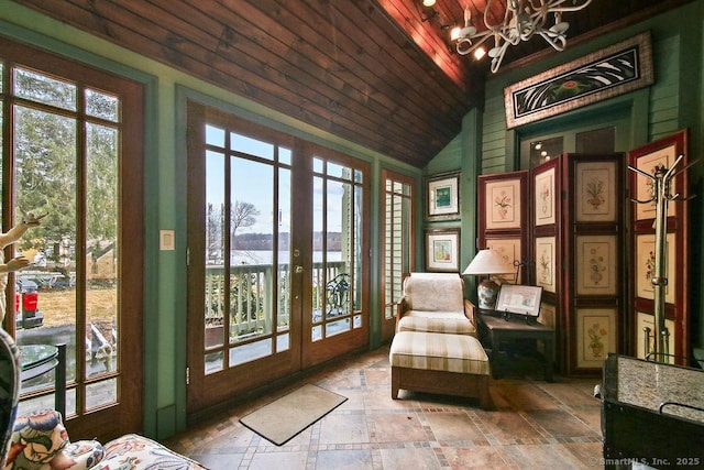 77 Main St, East Haddam, CT 06423 - sitting room with a chandelier, wooden ceiling, lofted ceiling, french doors, and a water view