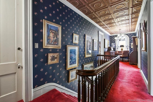 77 Main St, East Haddam, CT 06423 - corridor featuring a chandelier, crown molding, an upstairs landing, baseboards, and an ornate ceiling