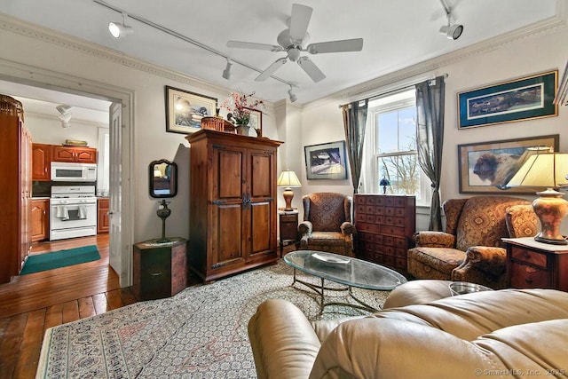 77 Main St, East Haddam, CT 06423 - living area featuring track lighting, dark wood finished floors, a ceiling fan, and crown molding