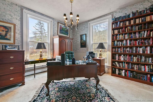 77 Main St, East Haddam, CT 06423 - office featuring wallpapered walls, light carpet, a baseboard heating unit, healthy amount of natural light, and a textured ceiling