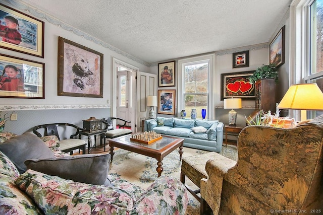 77 Main St, East Haddam, CT 06423 - living room featuring a textured ceiling and a wainscoted wall