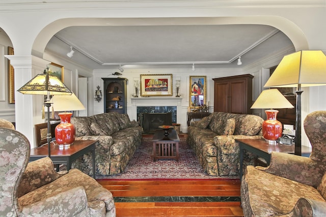 77 Main St, East Haddam, CT 06423 - living area with rail lighting, crown molding, hardwood / wood-style flooring, a high end fireplace, and arched walkways