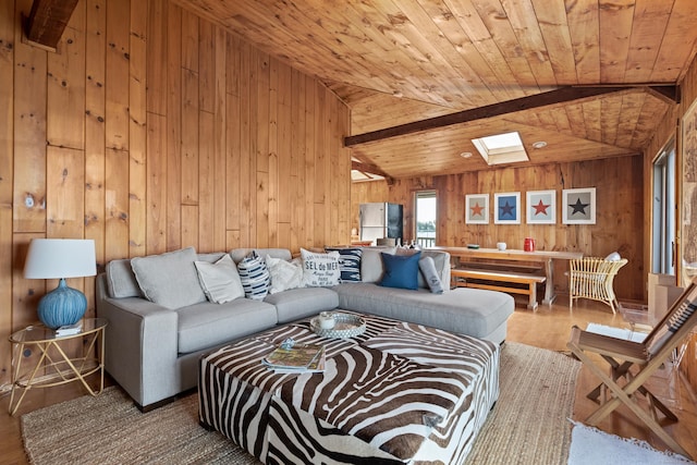 0 Burr Is, Branford, CT 06405 - living room featuring wood finished floors, wooden walls, wooden ceiling, and vaulted ceiling with skylight