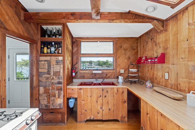 0 Burr Is, Branford, CT 06405 - kitchen featuring light countertops, wood walls, light wood finished floors, beam ceiling, and a sink