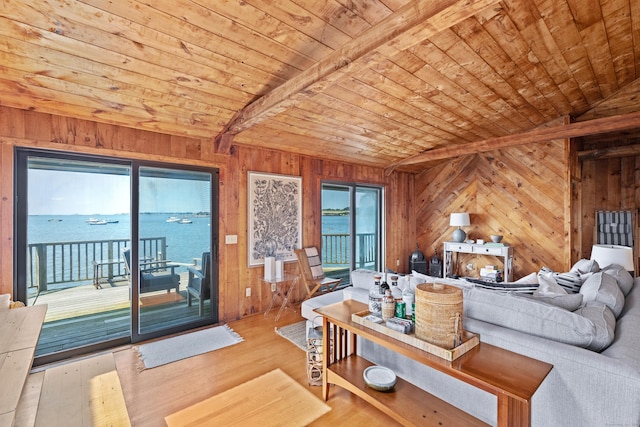 0 Burr Is, Branford, CT 06405 - living room with lofted ceiling, wood finished floors, wood ceiling, and wood walls