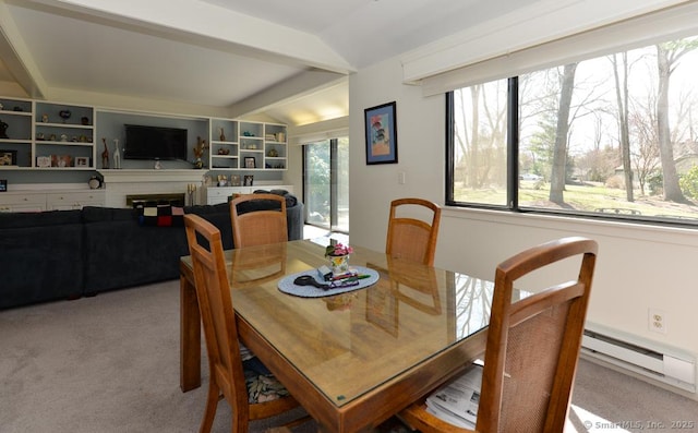 894 Heritage Vlg Unit B, Southbury, CT 06488 - carpeted dining area featuring a baseboard heating unit and lofted ceiling with beams