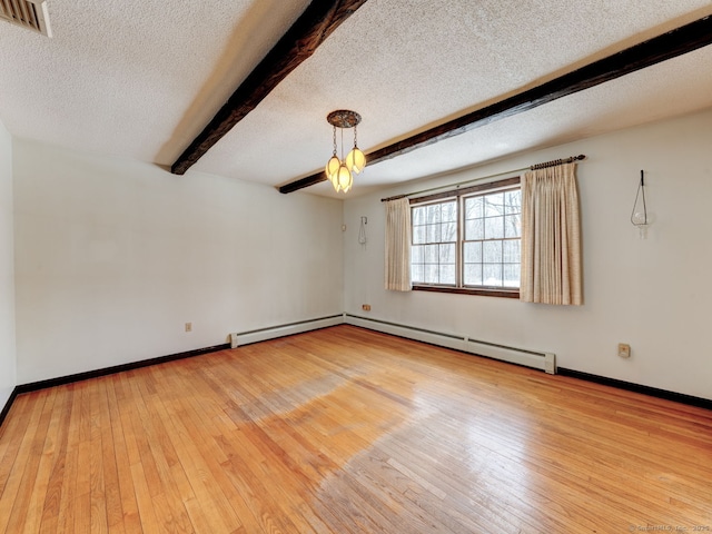 empty room featuring visible vents, baseboards, beam ceiling, and baseboard heating
