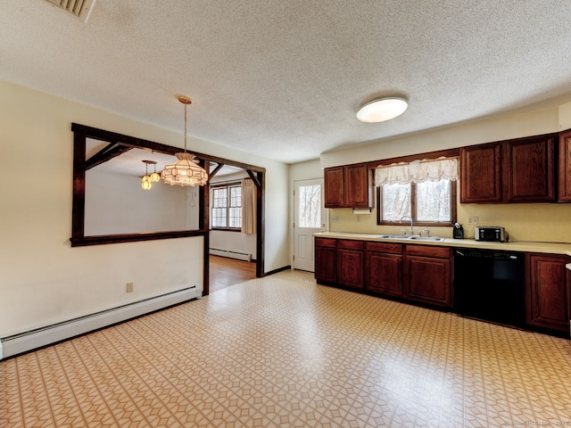 kitchen featuring a sink, light countertops, black dishwasher, and a baseboard heating unit
