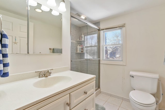 bathroom with toilet, vanity, tile patterned flooring, and a stall shower